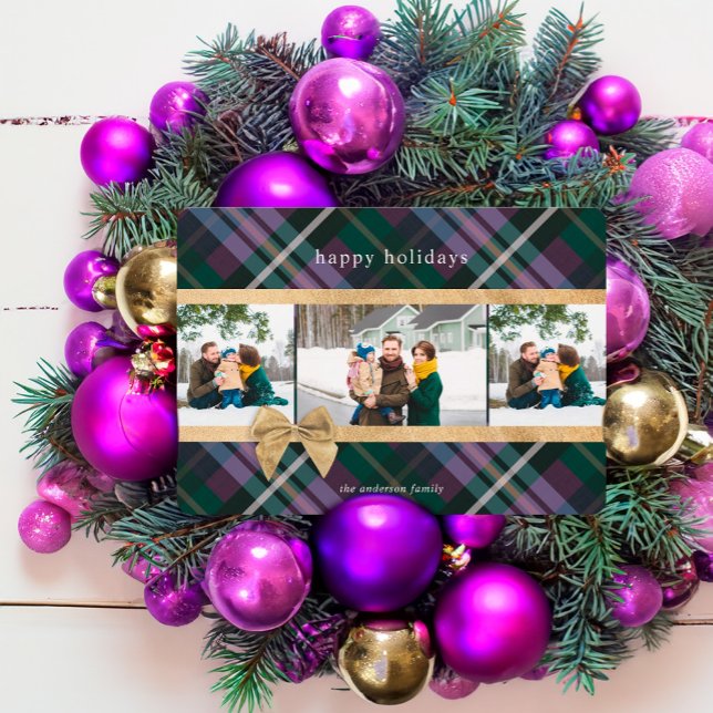Cartão De Festividades Xadrez Roxa Presente Com Presente Foto De Arco Fre (Purple Plaid Gift Wrapped & Gold Bow Present Photo Holiday Card)