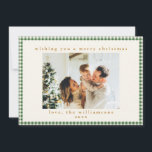 Cartão De Festividades Xadrez Verde Gingham Carta Fotográfica Personaliza<br><div class="desc">Cartão de Férias de Natal Personalizado para Xadrez Gingham Verde e Bonito com Carta Personalizada Opcional no Verso</div>