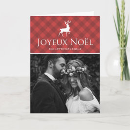 Cartão De Festividades Xadrez vermelha clássica com Deer Joyeux Noël Phot
