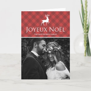 Cartão De Festividades Xadrez vermelha clássica com Deer Joyeux Noël Phot
