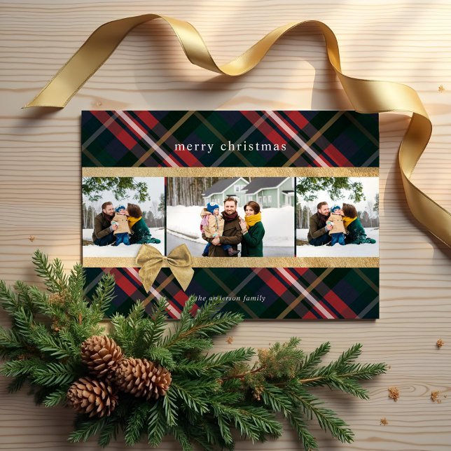 Cartão De Festividades Xadrez Vermelha Presente Presente Foto Com Molho E (Red Plaid Gift Wrapped & Gold Bow Present Photo Holiday Card)