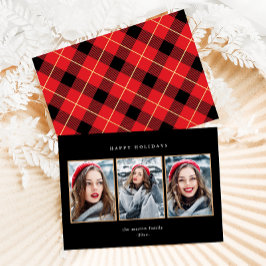 Cartão De Festividades Xadrez Vermelha rustica Faux Dourado Três Fotograf