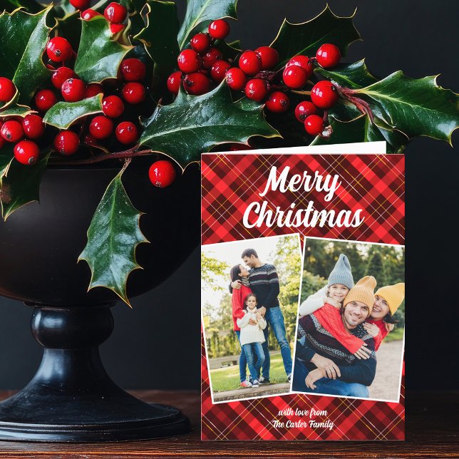 Cartão De Festividades Xadrez Vermelha Tartan Feliz Carta de Natal Foto (Criador carregado)