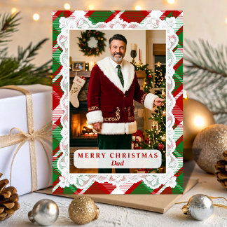 Cartão De Festividades Xadrez Vermelho e Verde de Natal Foto do Papai