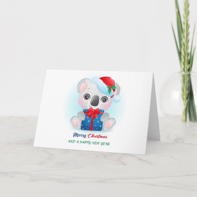 Cartão De Festividades Xmas Cachorro Aquoso Bebê Koala com Santa Hat (Frente)