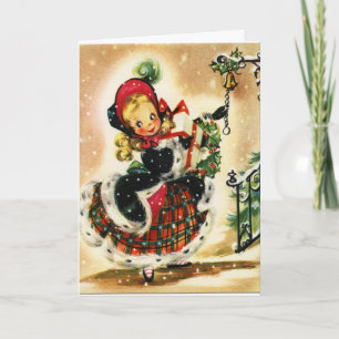 Cartão De Festividades Xmas Card, Vintage Little Girl Ringing Bell