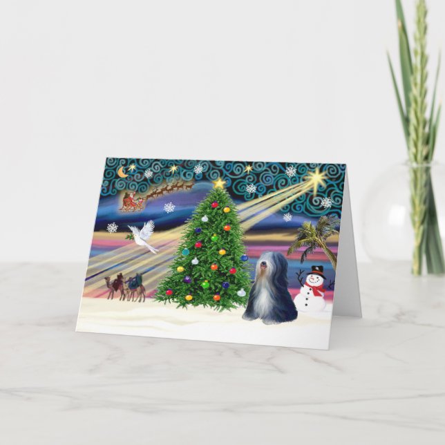 Cartão De Festividades Xmas Magic-Tibetan Terrier (BW) (Frente)