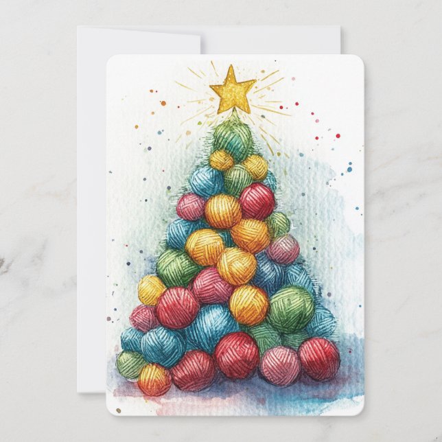 Cartão De Festividades Yarn Ball Christmas Tree Knitter's Watercolor (Frente)