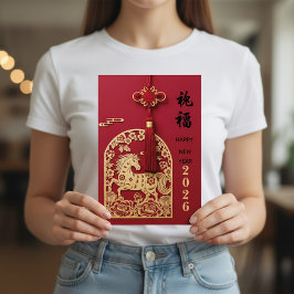 Cartão De Festividades Year of the Horse 2026 Chinese New Year Red Gold 