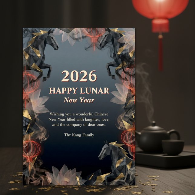 Cartão De Festividades Year of the Horse 2026 Lunar Chinese New Year (2026 Lunar New Year – Year of the Horse, Lotus & Lanterns)