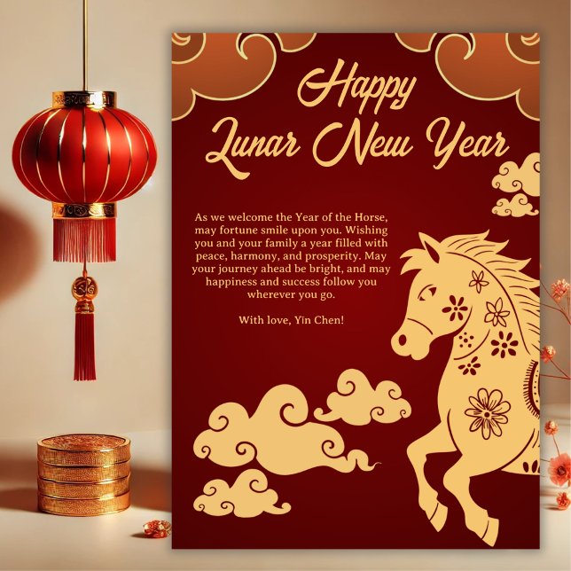 Cartão De Festividades Year of the Horse Chinese New Year (Year of the Horse Chinese New Year Card – Personalized Red & Gold Greeting)