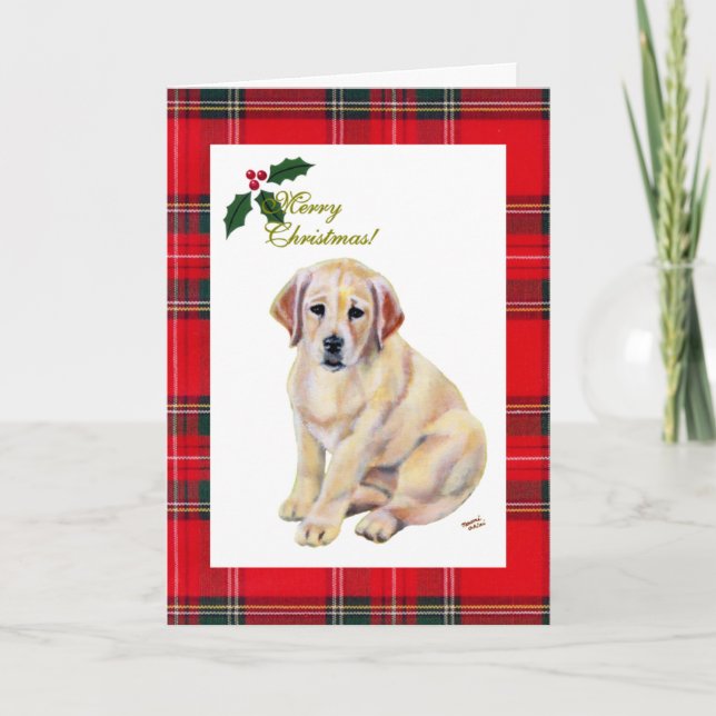 Cartão De Festividades Yellow Labrador Puppy Tartan Natal (Frente)