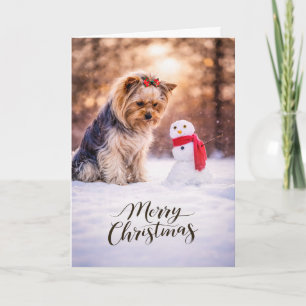 Cartão De Festividades Yorkshire Terrier Papai Noel Boneco de Neve
