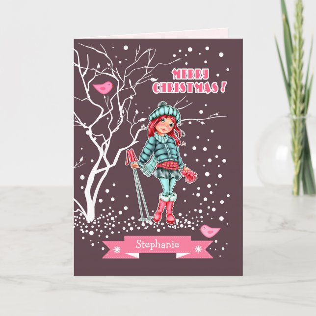Cartão De Festividades Young Girl Skier | Nome personalizado Natal (Frente)
