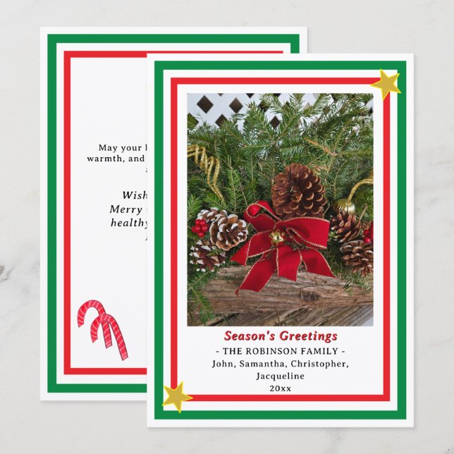 Cartão De Festividades Yule Log Red Bow Green Red INSERT PHOTO  (Frente/Verso)