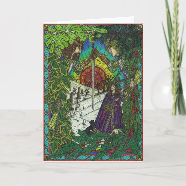 Cartão De Festividades Yule, o rei do carvalho e o rei do azevinho (Frente)