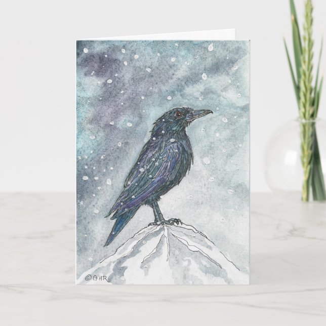 Cartão De Festividades Yule Raven in Snow Card - Revisado (Frente)