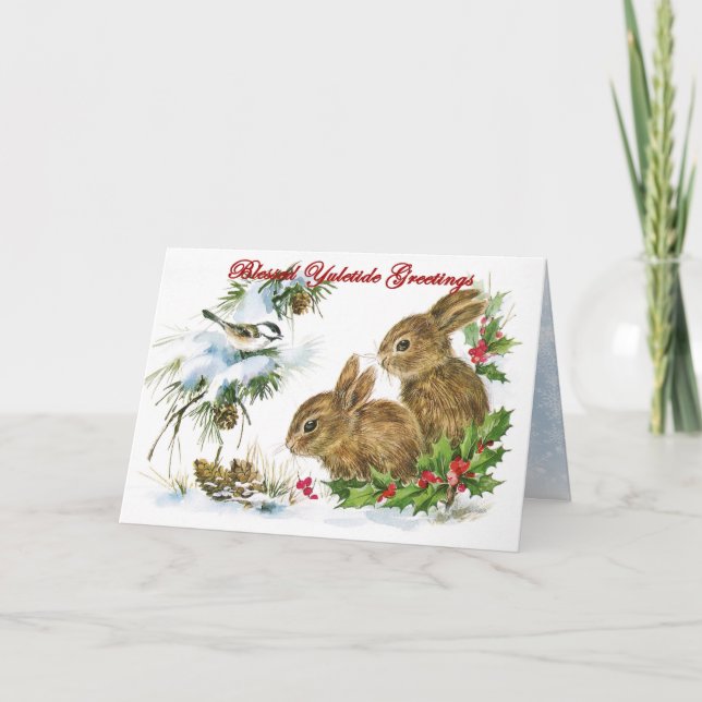 Cartão De Festividades Yuletide Greetings Woodland Rabbits in Snow (Frente)