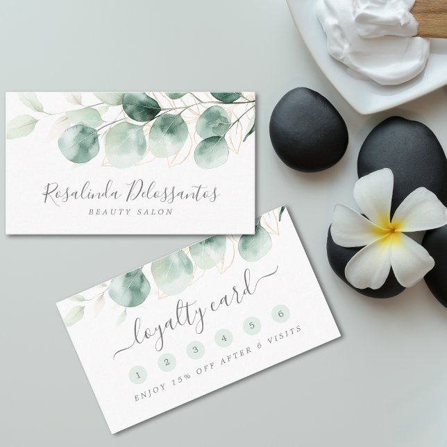 Cartão De Fidelidade Aquarela Eucalyptus Greenery Floral Dourado (Watercolor Eucalyptus Greenery Floral Gold Loyalty Card)