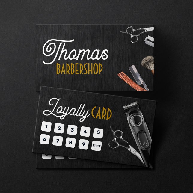Cartão De Fidelidade Barbearia Black Wood Foto Tesoura Cortador de Cabe (Criador carregado)