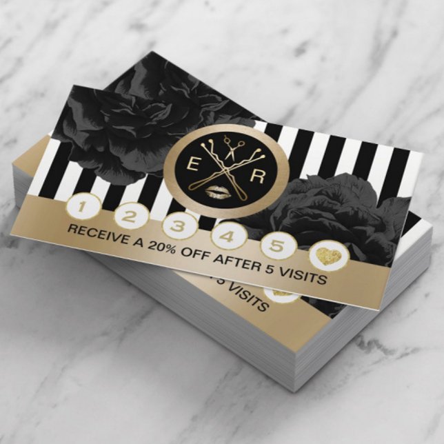 Cartão De Fidelidade Beauty Salon Black Floral Modern Stripes Lealdade (Criador carregado)