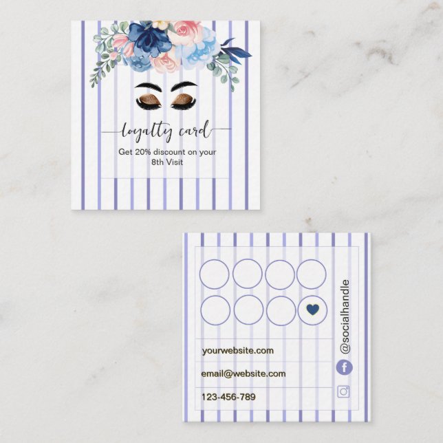 Cartão De Fidelidade Blue Floral Listras Lash tech Browbar (Frente/Verso)