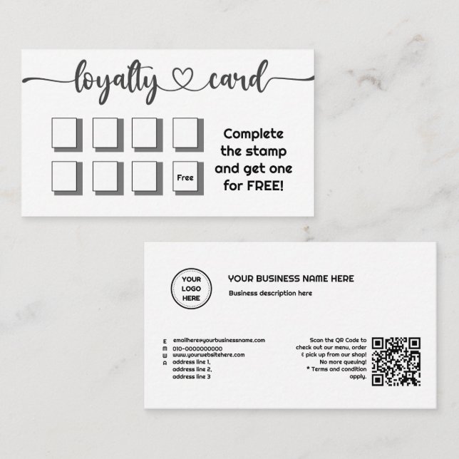 Cartão De Fidelidade Branco Mínimo Simples Adicionar seu Código QR de L (Frente/Verso)