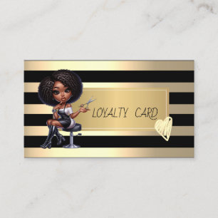 Cartão De Fidelidade Cabelereira Afro-Americana Listras,Corações Dourad