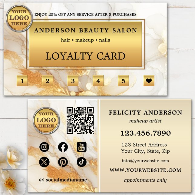 Cartão de Fidelidade Chic Dourado Artístico (Loyalty business card featuring your own logo on an elegant artistic gold design - beauty salon )