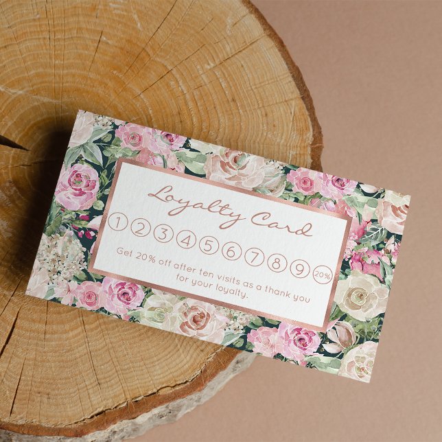 Cartão De Fidelidade Chic elegante, verde-rosa-marfim floral (Country chic elegant gable green pink ivory floral loyalty card)
