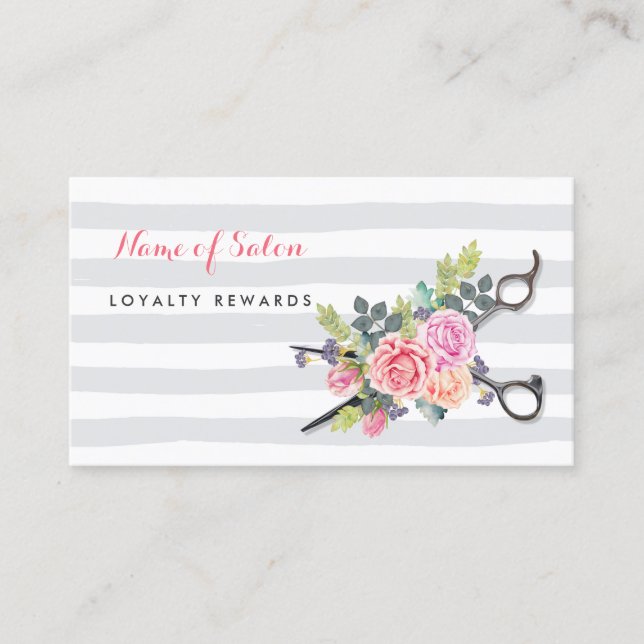 Cartão De Fidelidade Chic Rosa Floral Tesoura Salon Loyalty Punch Card (Frente)