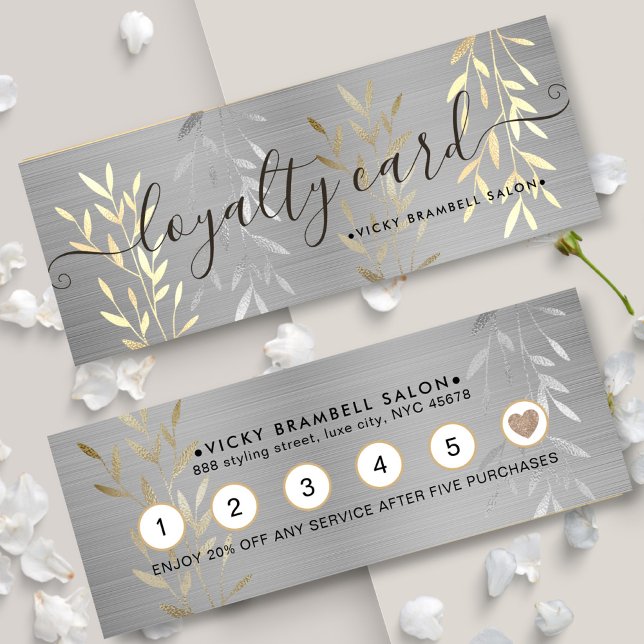 Cartão De Fidelidade Clássico Lux Faux Dourado e Prata deixa o salão (Classy Luxury Gold & Silver Leaves Salon Punch Loyalty Card)