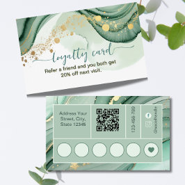 Cartão De Fidelidade Código Qr Aquarela Verde Salvia Dourado