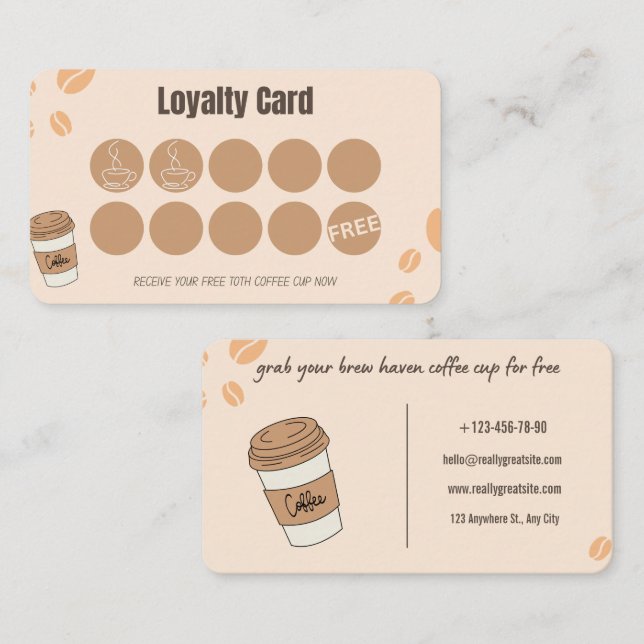 Cartão de Fidelidade de Café Bege Boho Selo Recomp (Frente/Verso)