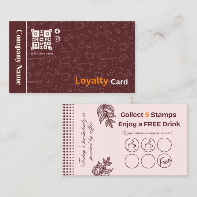 Cartão de Fidelidade de Café com Selo de Recompens (Frente/Verso)