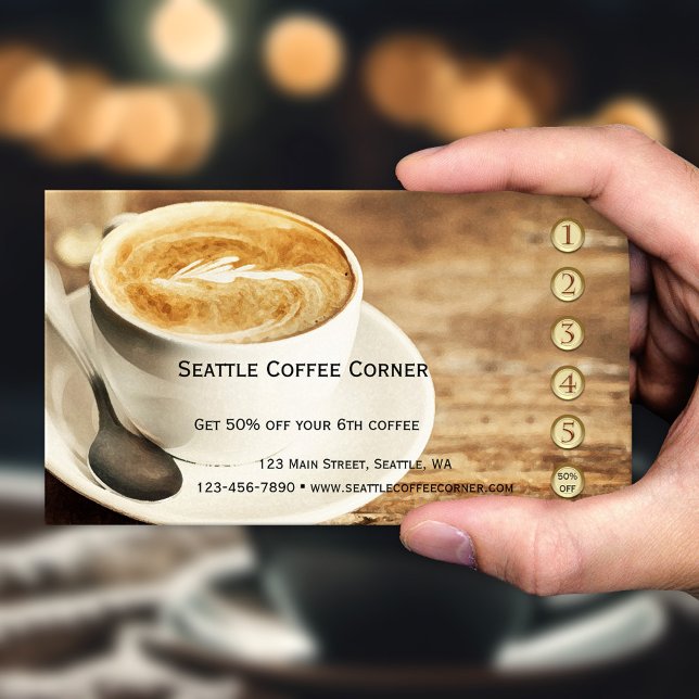 Cartão de Fidelidade de Café Rústico (Loyalty business card with gold and rose gold stylized punch numbers and rustic watercolor coffee)