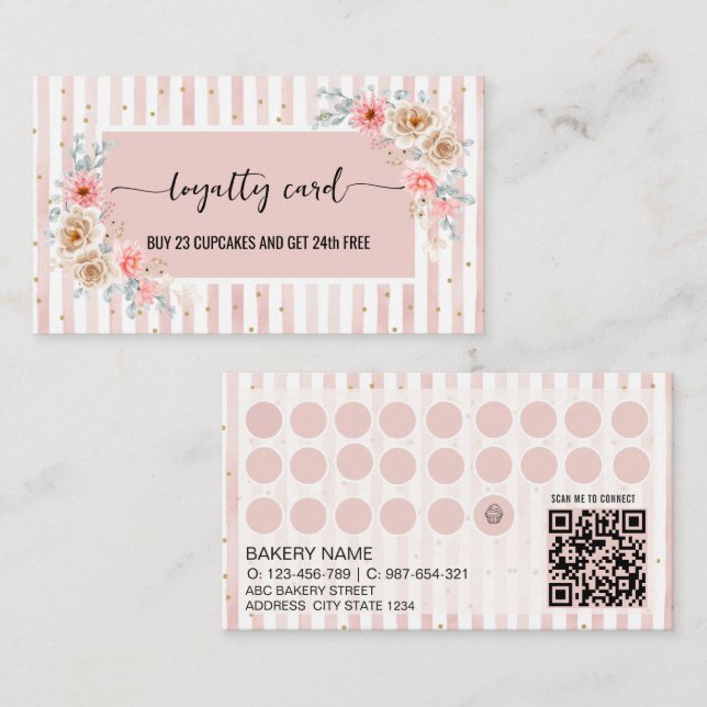 Cartão de fidelidade de cupcake com listras florai (Frente/Verso)