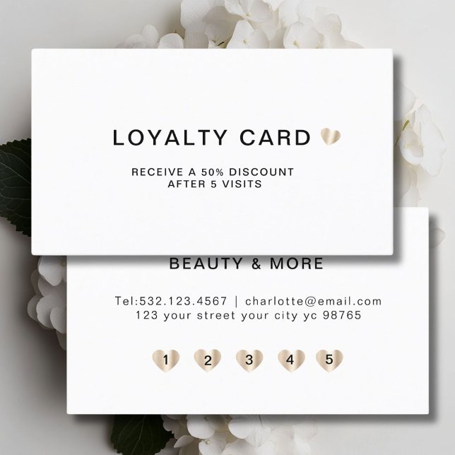 Cartão de fidelidade de Visita Simples Elegante 5 (Personalized Simple Elegant Heart 5 Visit Loyalty Card White Gold.)
