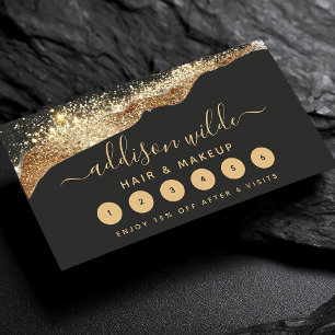 Cartão De Fidelidade Deslumbrante Glitter Preto e Dourado Script Modern