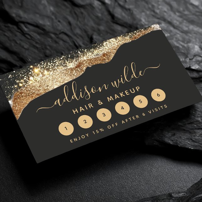 Cartão De Fidelidade Deslumbrante Glitter Preto e Dourado Script Modern (Criador carregado)