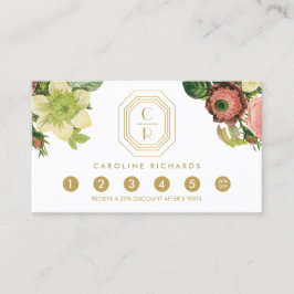 Cartão De Fidelidade Dourada Arte Deco Monograma Vintage Florals Lealda