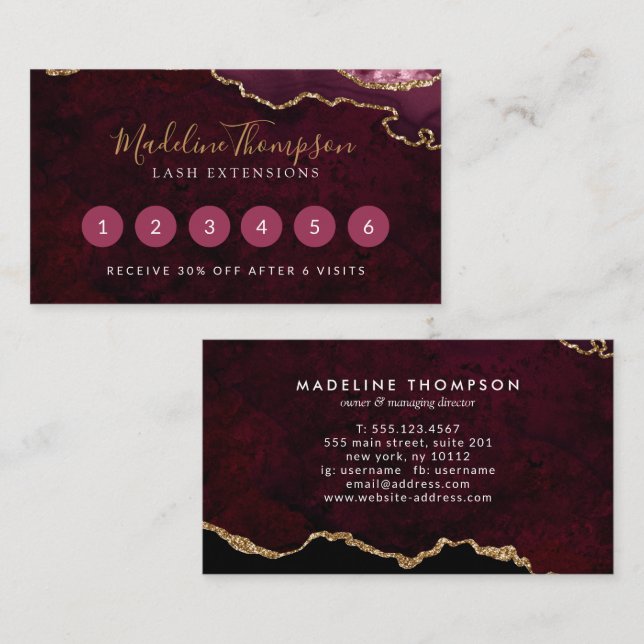 Cartão De Fidelidade Elegante Burgundy Marble Agate Geode (Frente/Verso)