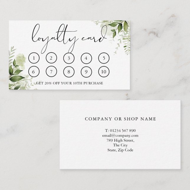 Cartão De Fidelidade Elegante Floral Verde Água Script (Frente/Verso)