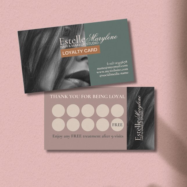 Cartão De Fidelidade Elegante moderno Green Brown Photo Hair Studio (Criador carregado)