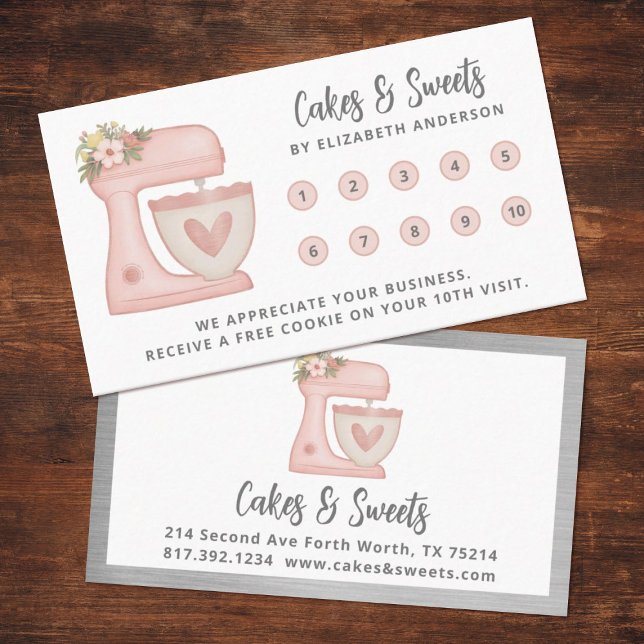 Cartão De Fidelidade Empresa de padaria de bolos flóricos de mistura si (cute pink mixer loyalty punch card. Personalize it for your business.)