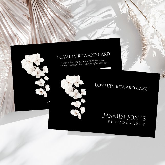 Cartão de Fidelidade Empresarial Floral Orquídea P (Modern Black and White QR Code Orchids Flowers Business Loyalty Reward Card)