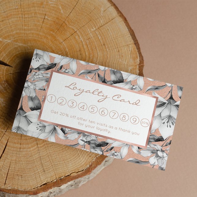 Cartão De Fidelidade Flores rosa douradas preto botânico (Botanic black white rose gold glitter flowers loyalty)