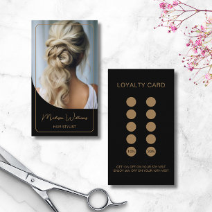 Cartão De Fidelidade Foto Moderna Salon Hair Stylist Preto Dourado