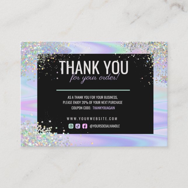 Cartão De Fidelidade Glitter Holográfico Obrigado Desconto do Produto (Frente)