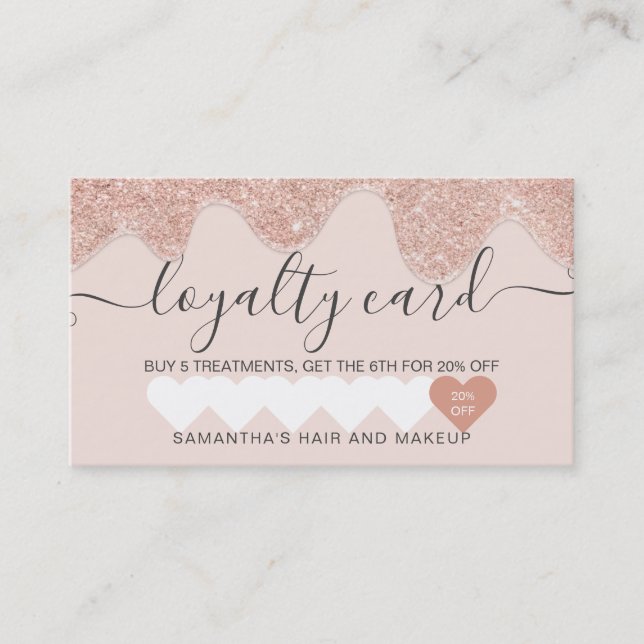 Cartão De Fidelidade Glitter rosa dourado feminino goteja uma maquiagem (Frente)